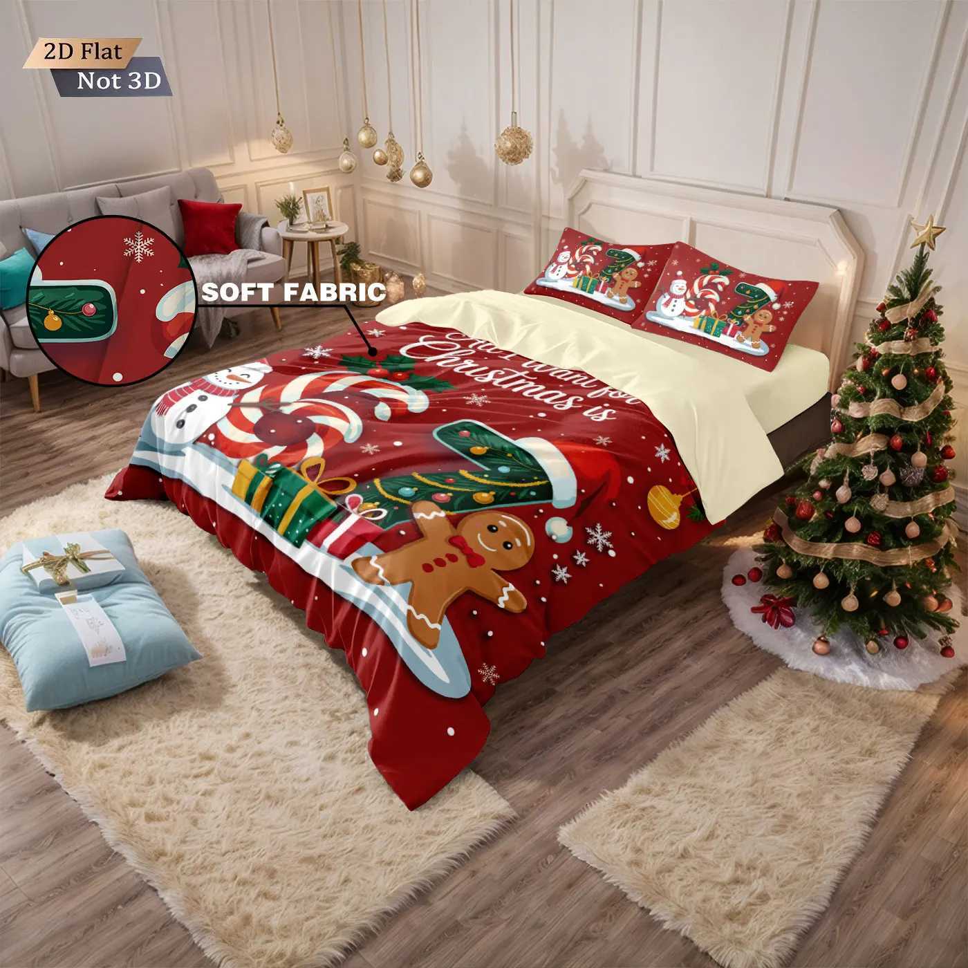Christmas 3pcs Happy Christmas Snowman Gingerbread Man Print Quilt Cover Set Multi Size Bedroom Bedding Decoration Machine Washable Y251126
