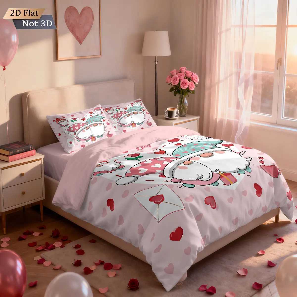 Christmas 3pcs Valentines Day Pink Christmas goblin print coreless duvet set multi size bedroom dormitory bedding holiday decoration Y251126
