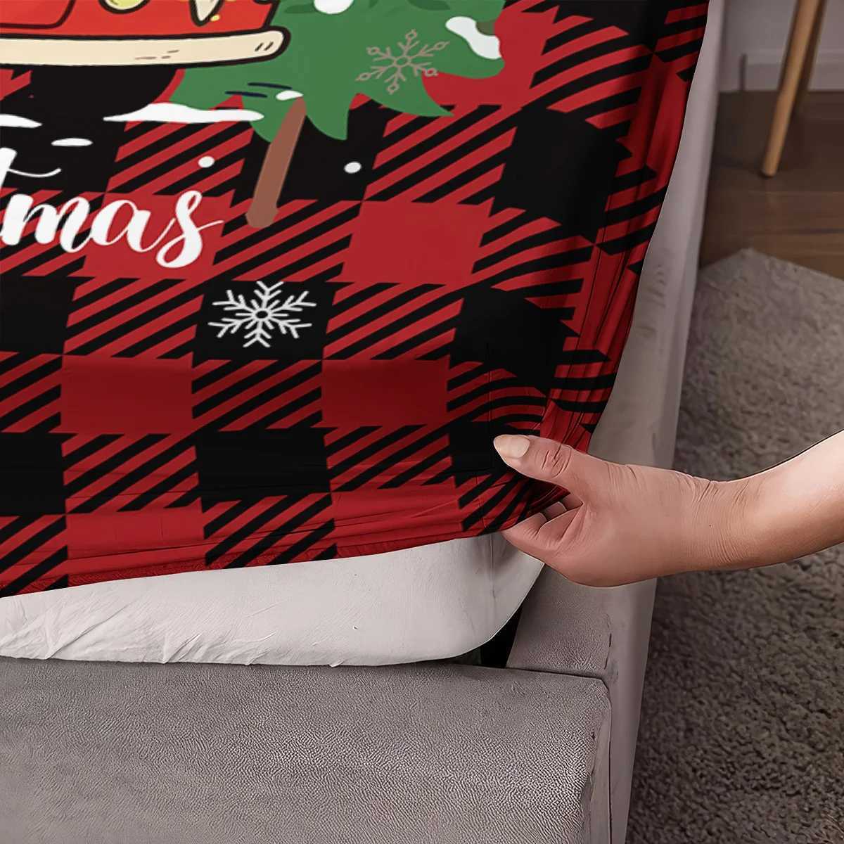 Christmas 3pcs Christmas red checkered car print coreless bed sheet set multiple size soft bed covers bedroom bedding decorations Y251126