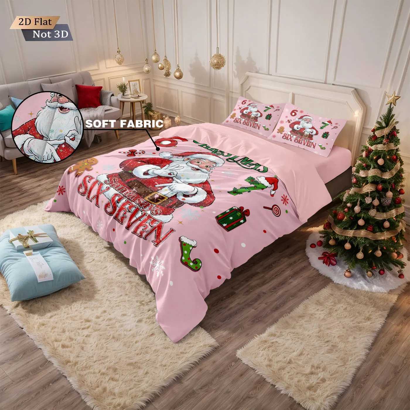 Christmas 3pcs pink Santa Claus 67 element printed coreless duvet cover set multi size bedroom bedding holiday decoration machine washable Y251126