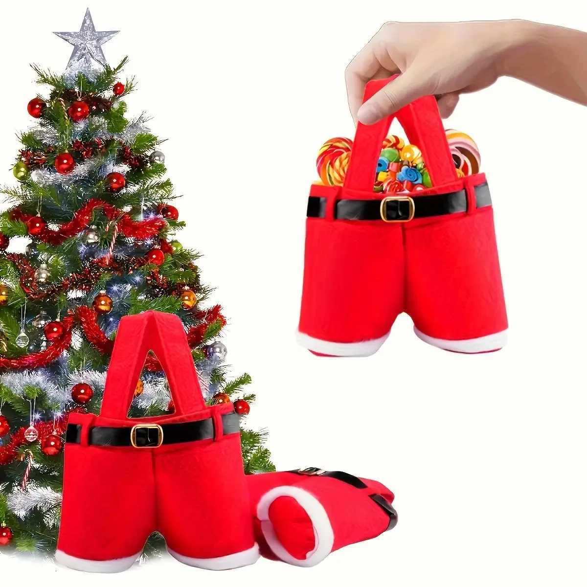 6pcs Red Non-Woven Fabric Christmas Gift Bags with Santa Claus Shorts Design Holiday Gift Wrapping Decorations Y251126