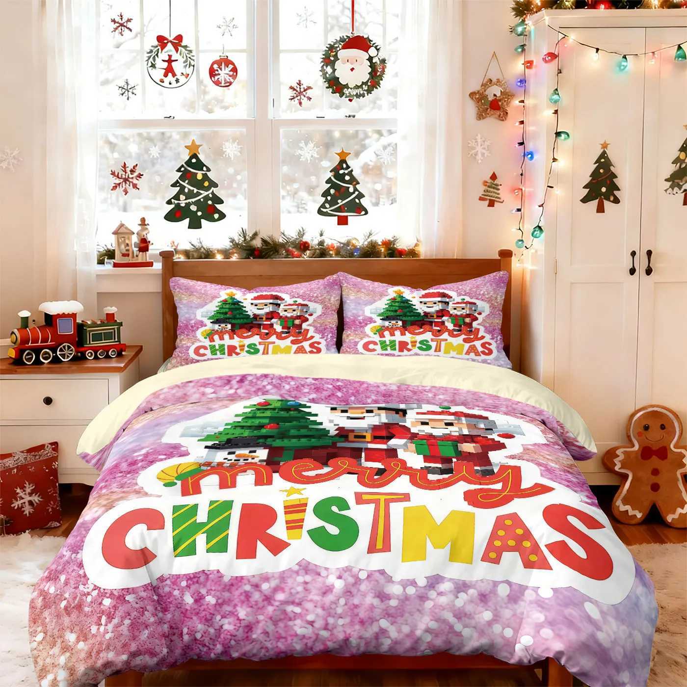 Christmas 3pcs building block style cartoon Santa Claus printed coreless bedding set multi size bedroom bedding holiday decoration Y251126