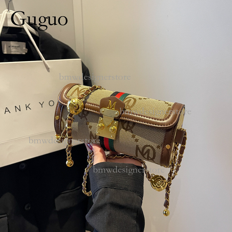 Guguo Designer Luxury Women's Vintage Floral Handbag Retro Fashion Metal Buckle Chain Shoulder Crossbody Bag Lightweight And Trendy Printed Strip
