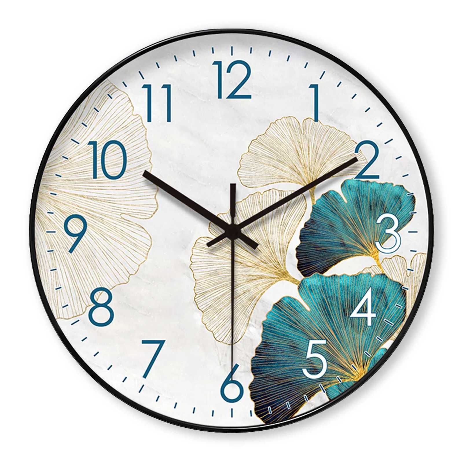 1pc modern simple wall clock golden Ginkgo leaf and peacock blue ginkgo leaf design wall clock home silent wall clock suitabl C251126