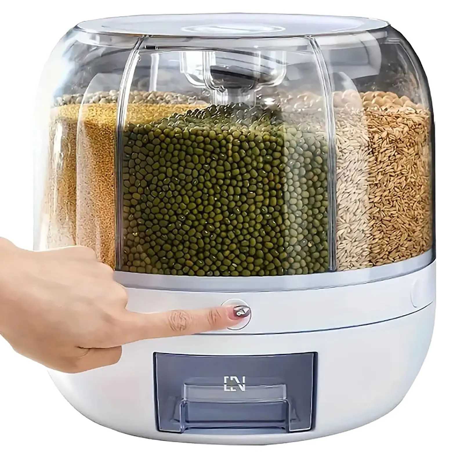 360 rotating food dispenser One-Click Output rice Storage Round Grain Dispenser Kitchen for Grains Beans Rice Y251126