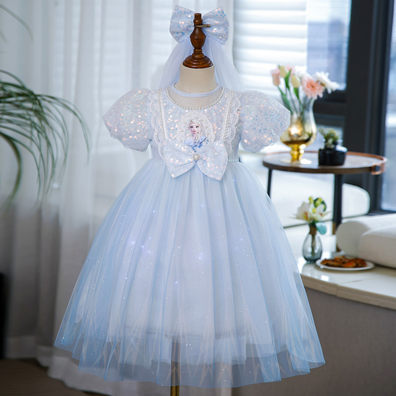 DISNEY Kids designer clothes Frozen baby clothes Glowing Elsa princess dress Aisha dress for girls Spring and summer children's short-slee birthd