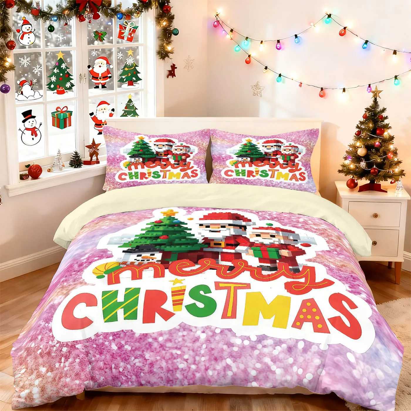 Christmas 3pcs building block style cartoon Santa Claus printed coreless bedding set multi size bedroom bedding holiday decoration Y251126