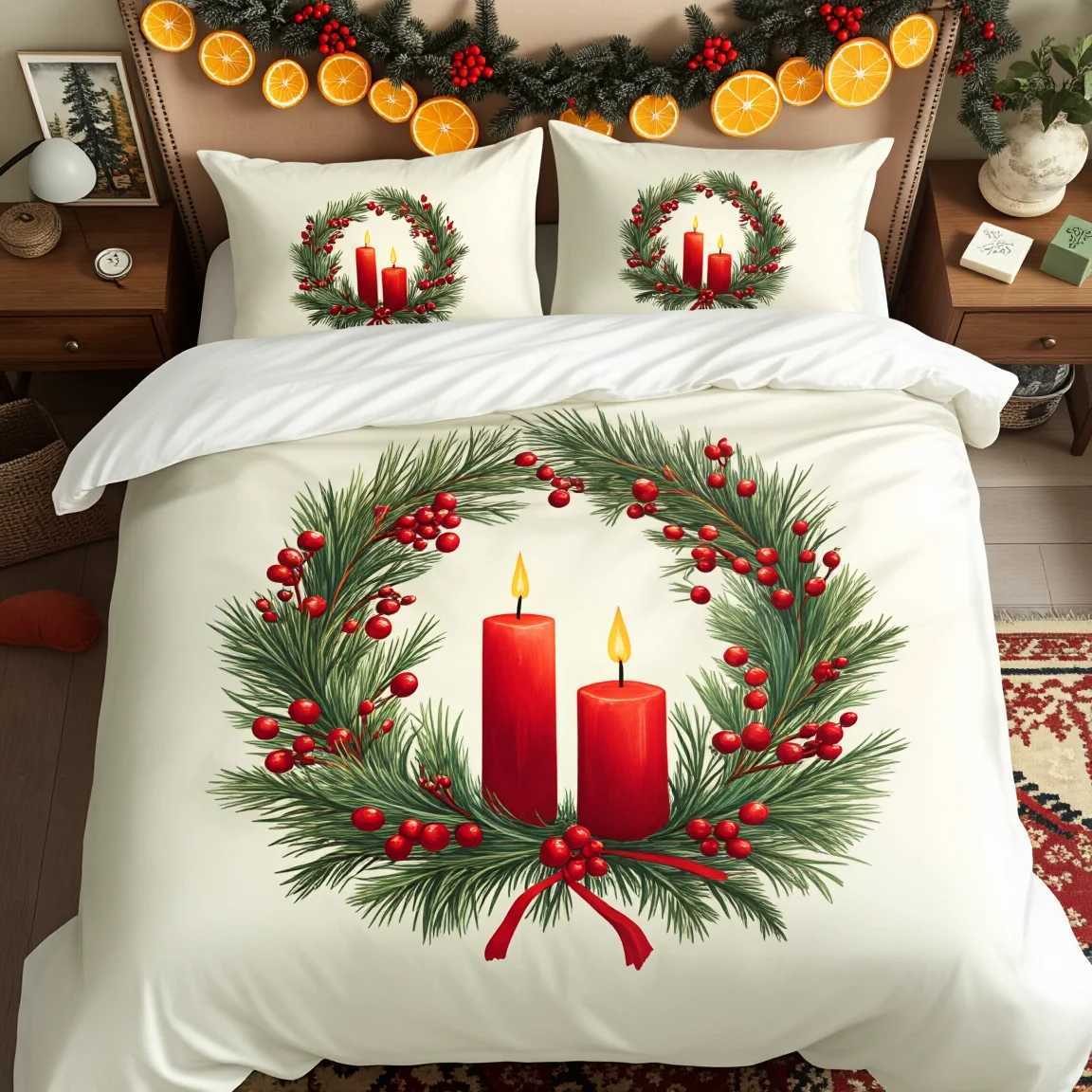 Christmas 3Pcs Hand Painted Christmas Card Bedding Set Polyester Whimsical Illustration Duvet Cover Queen Size Cozy Home Textile Artful Y251126