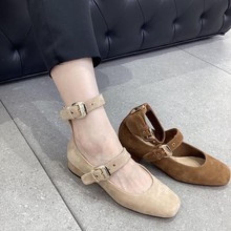 Women's Suede Double Buckle Strap Mary Jane Shoes, Square Toe Block Heel Casual Commute Footwear (Beige/Brown)---168-9