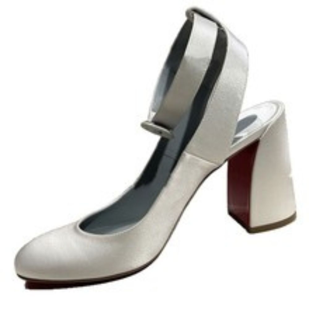 Women's White Satin Round Toe Ankle Strap Block Heel Pumps, Elegant Evening Party Dress Shoes---168-11