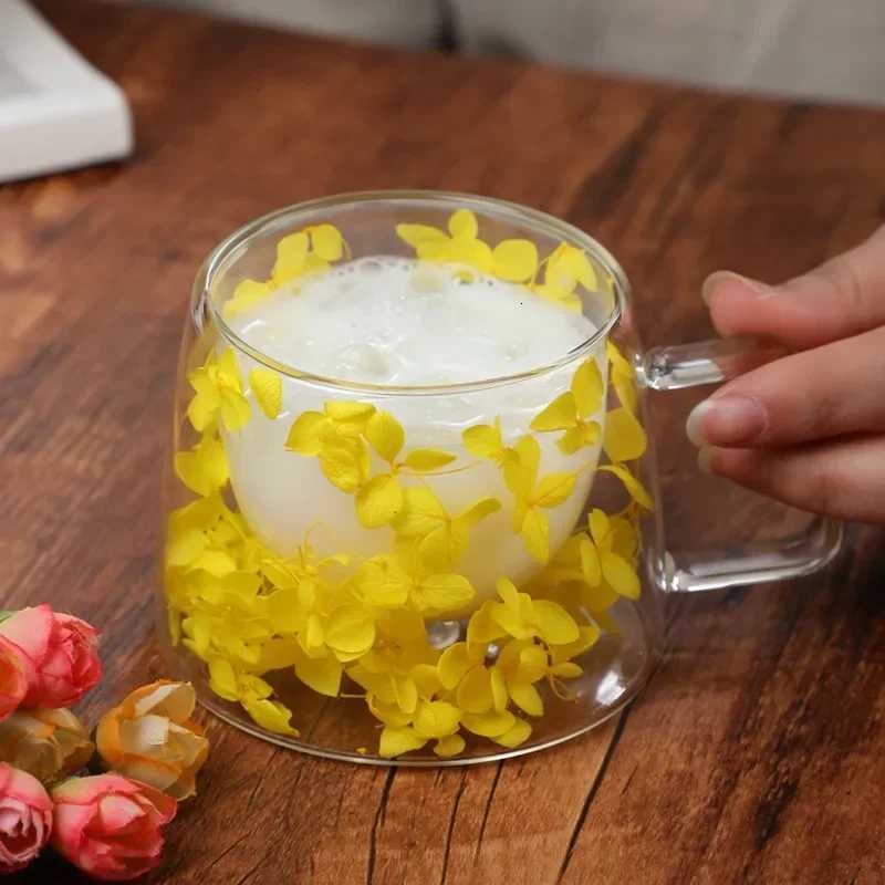 Double Wall Glass Cup 200ml Clear Flowers Pattern Milk Tea Coffee Mug with Handle Gifts Friends Home Water Cup Drinking Glasses C251126