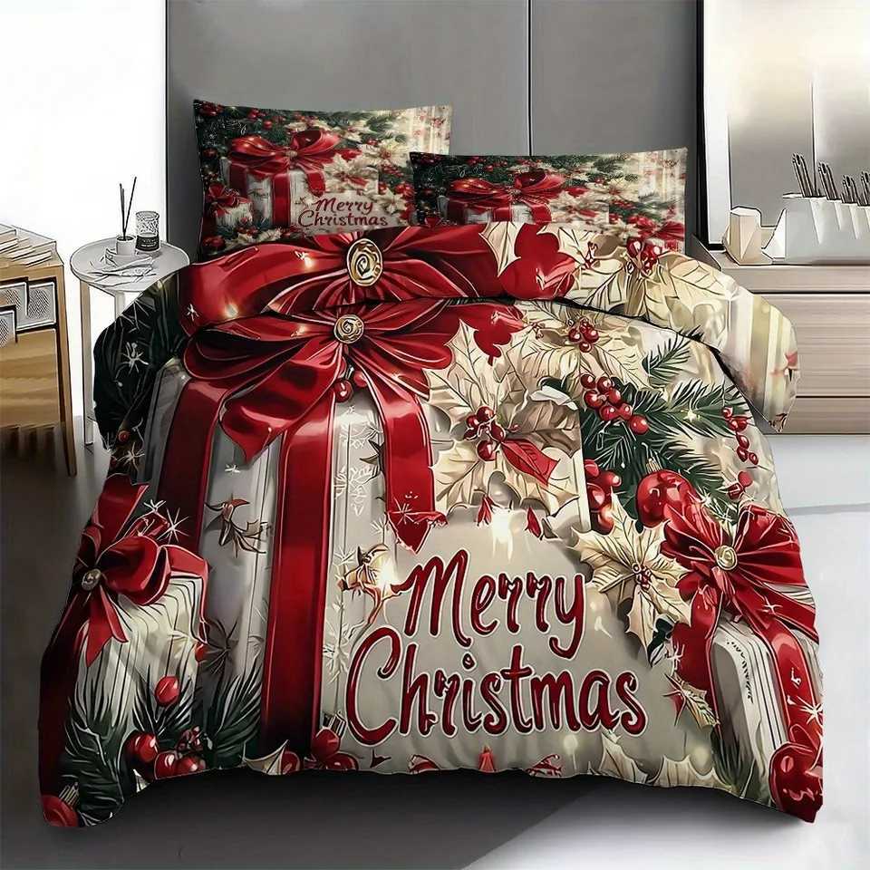 Christmas Christmas Bedding Set Red Bow Flowers Printed Cozy Duvet Cover King Queen Twin Single Size New Year Christmas Gift Bedroom Decor Y251126