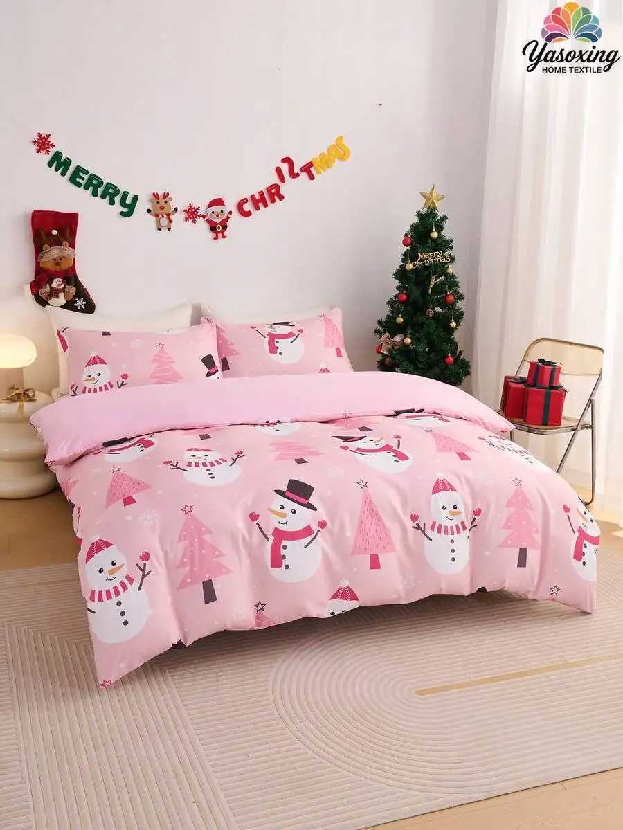 Christmas 2/3pcs Pink Christmas Snowflake Gift Gingerbread Man Snowman Pattern Reversible Color Duvet Cover Bedding Set Soft Breatheable Y251126