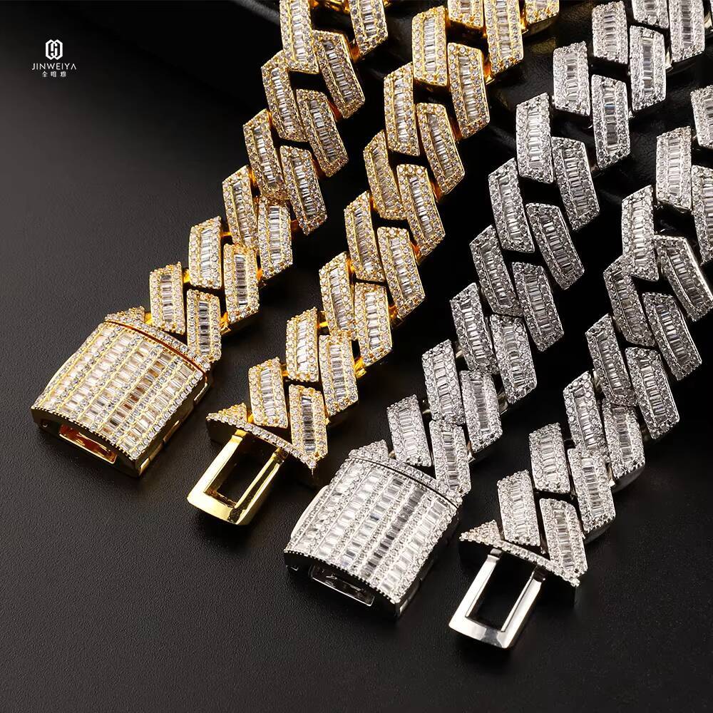 New Style 20mm Baguette Cubic Zirconia Prong Necklace with Cuban Link Chain White Gold Iced Hip Hop Jewelry