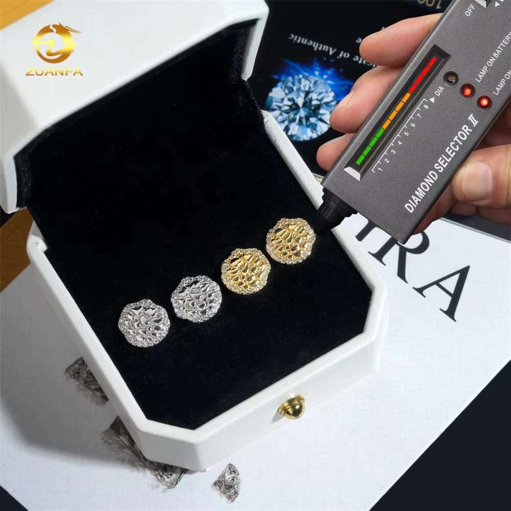 New Arrivals Hip Hop Gold Plated GRA Certificate Nugget 925 Sterling Silver Men Moissanite Earrings
