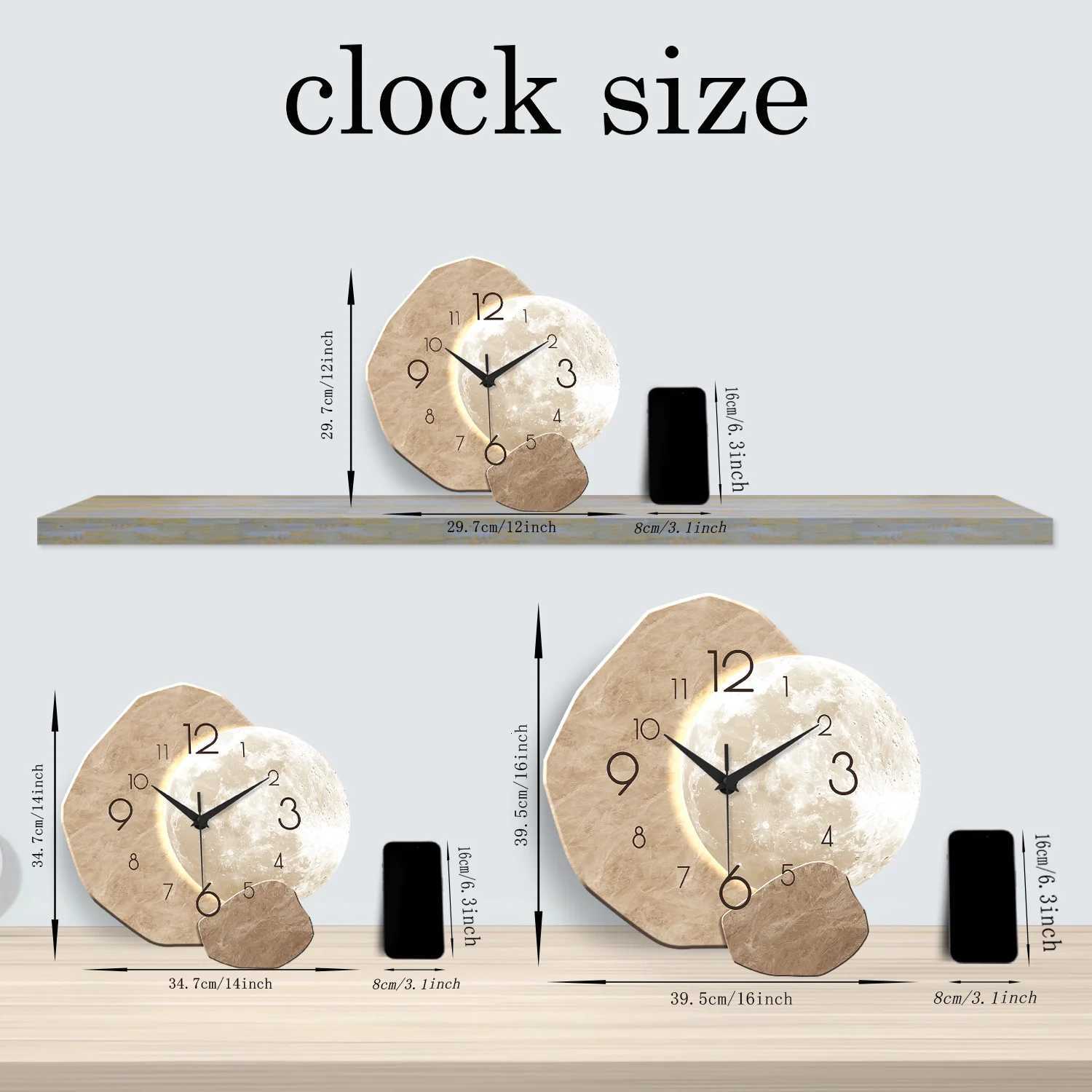 Modern Simple Silent Wall Clock Moon Design - Quartz Movement Wooden Material for Bedroom Living Room or Office Decoration C251126