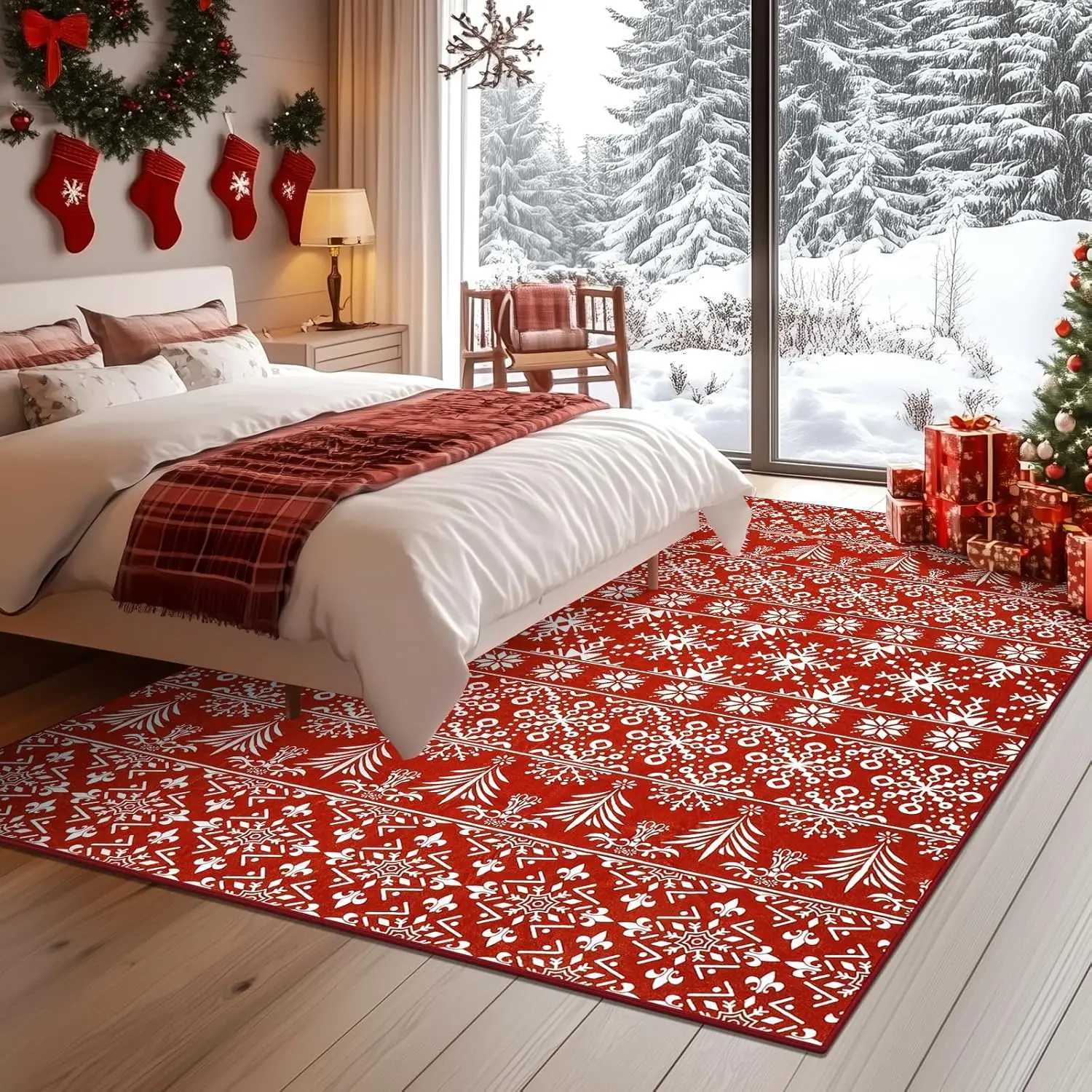 Non-Slip Soft Large Carpet with Red Snowflake Low Pile Faux Wool Xmas Throw Rug for Living Room Hallway Kitchen EntrywayM251126