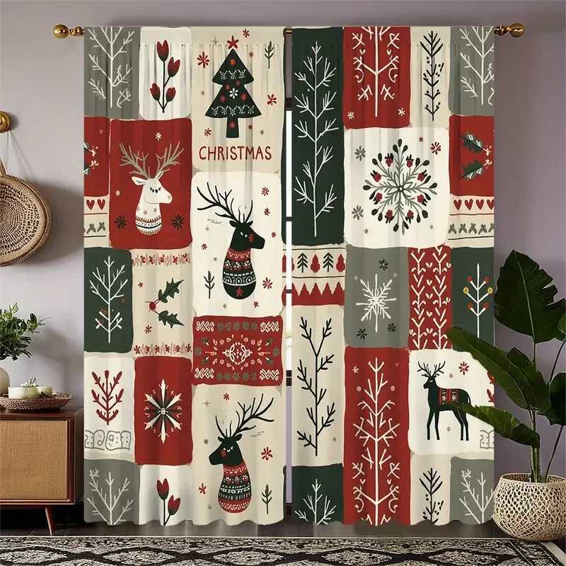 Curtain Christmas 2pcs Cute Patchwork Christmas Pattern Curtains Playful Design Light - Filtering Polyester Curtains for Christmas Home Windows Y25112