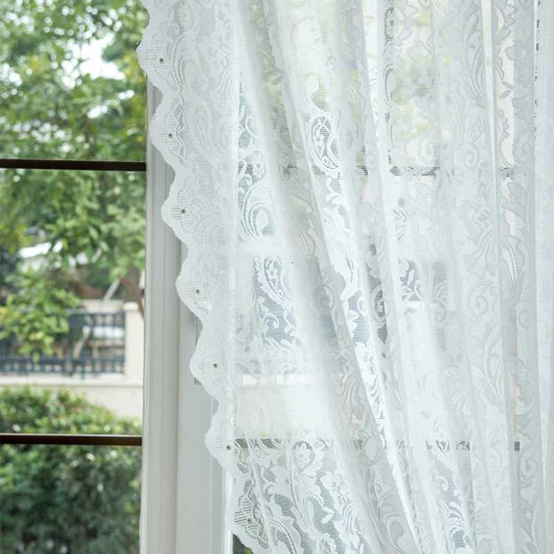 Curtain Christmas French white vintage warp knitted lace beaded gauze curtains in the living room bedroom bay window partition wave lace Korean Y25112