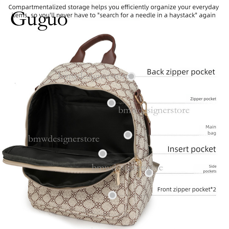 Guguo Designer Luxury Leather Women's Backpack New High-end Fashion Rules Grid Pattern Large Capacity Multi-purpose Travel Bag Casual Handbag