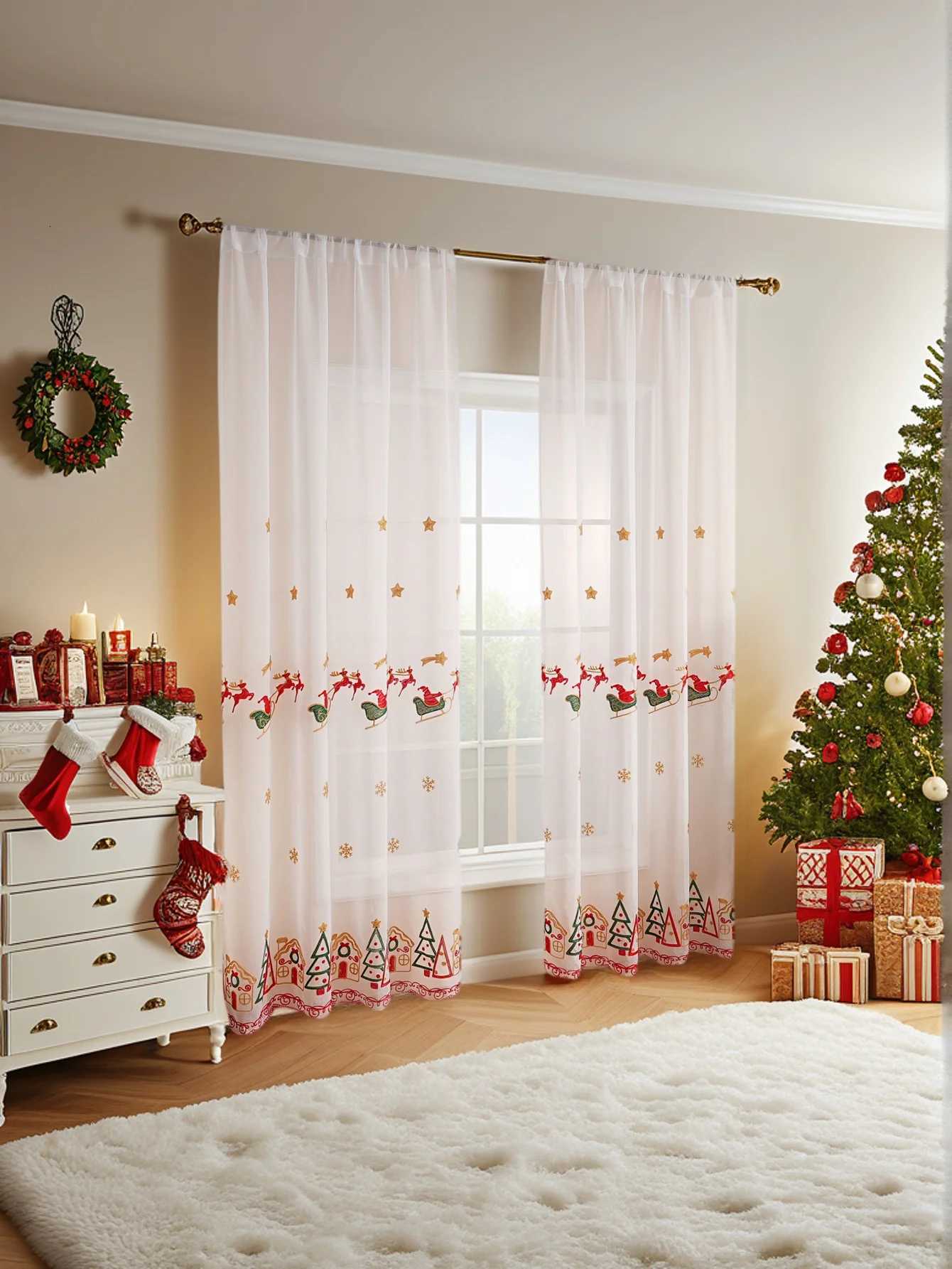 Christmas 1PC Christmas Reindeer Sleigh Embroidered Tulle Pole Curtain for Living Room Bedroom Holiday Party Decor Y251126