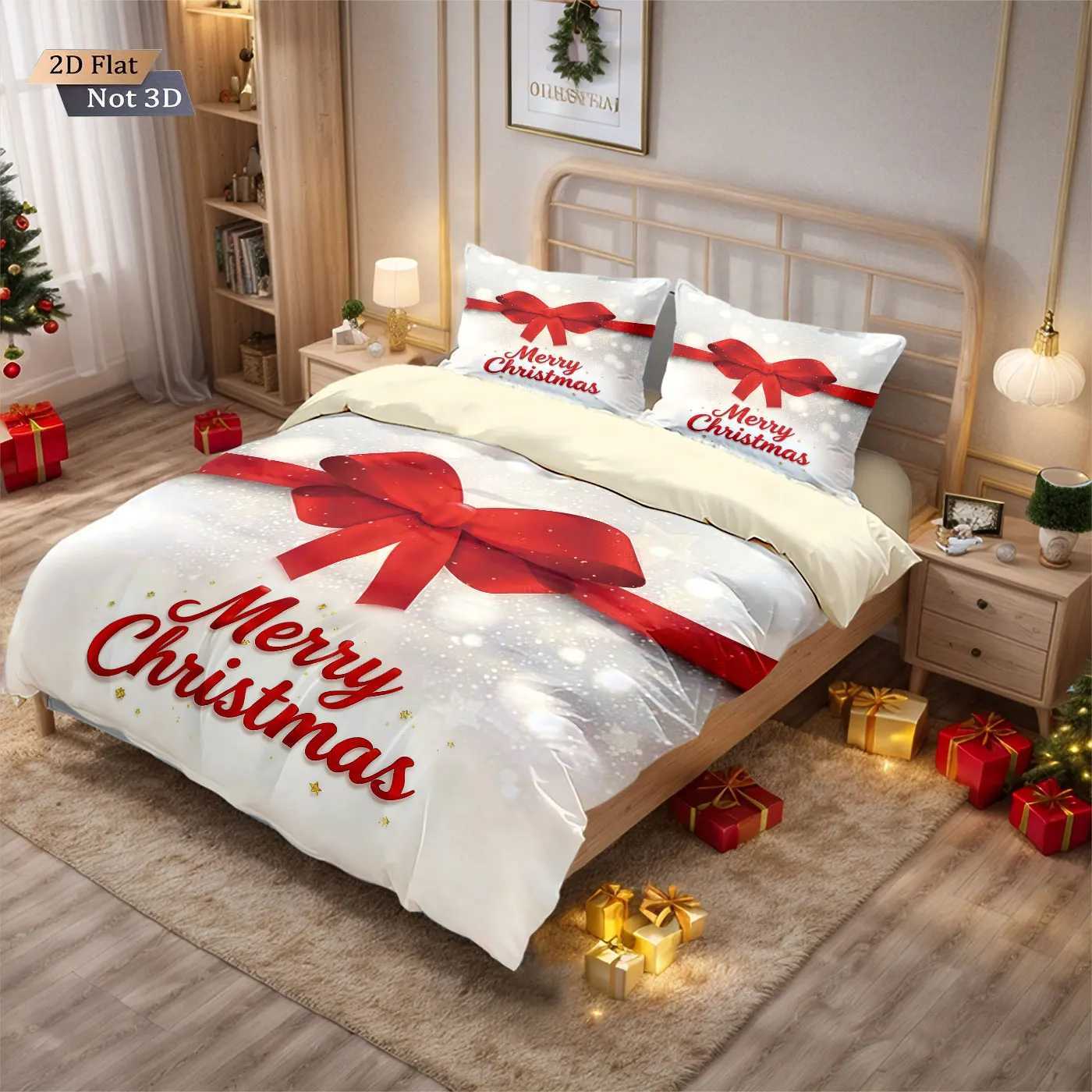 Christmas 3pcs Merry Christmas Red Bow Printed Chipless Bedding Set Multi Size Bedroom Bedding Holiday Decoration Machine Washable Y251126