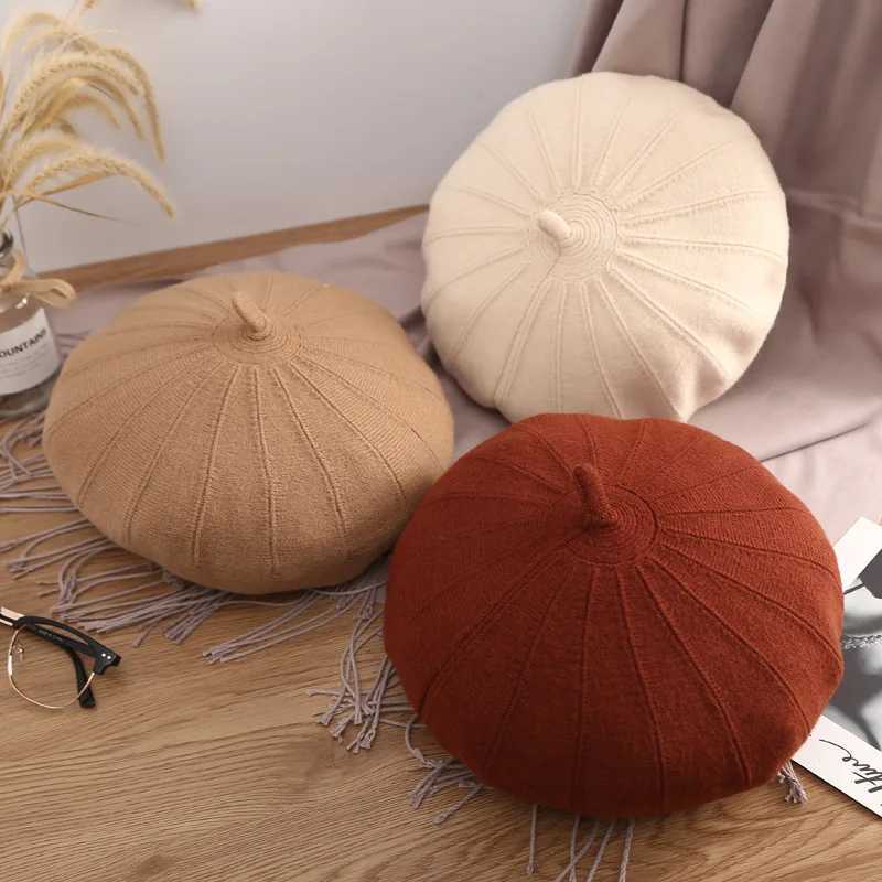 Hat for women big size circumference winter soft cashmere Beret Hat Women retro warm knitting artist hat casual pumpkin hat J251125