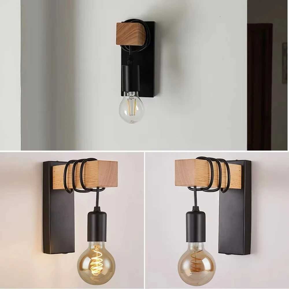 Retro Wood LED Wall Lamp E27 220V 110V Industrial Night Loft Light Fixtures Live Room Bedside Lamp Decor for Bathroom Restaurant M251126