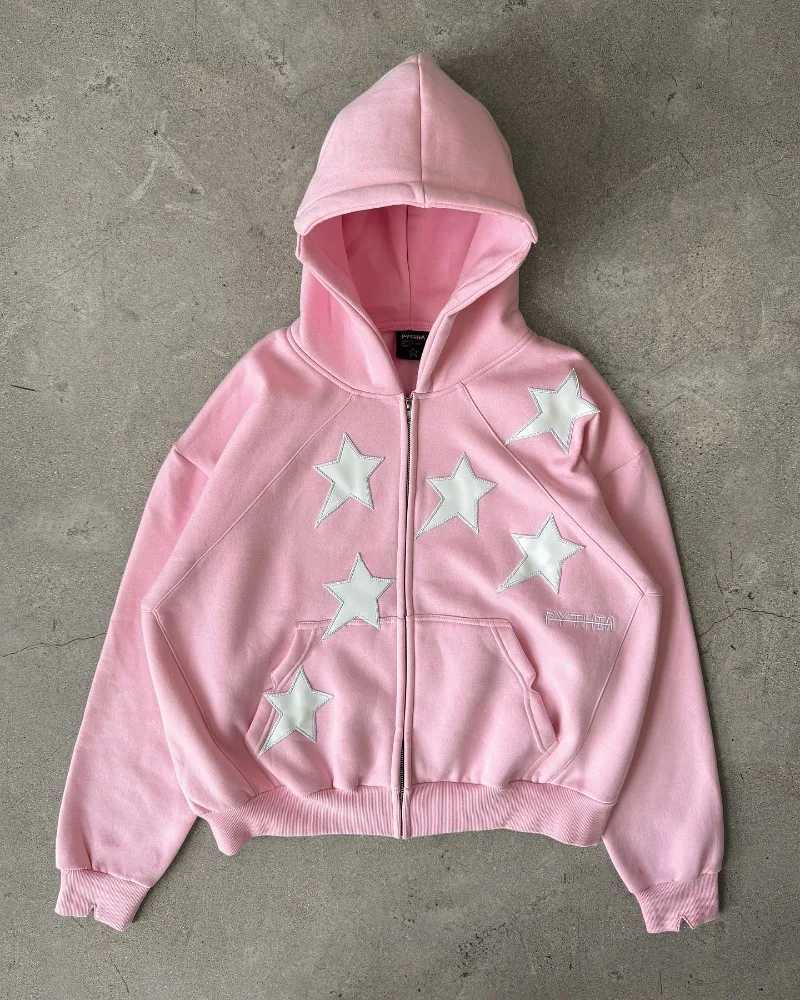 Y2K Harajuku New Fashion Star Patch Zipper Hoodie Women Gothic Hip Hop Popular Casual Couple Plus Velvet Padded Sports Sweater J251136