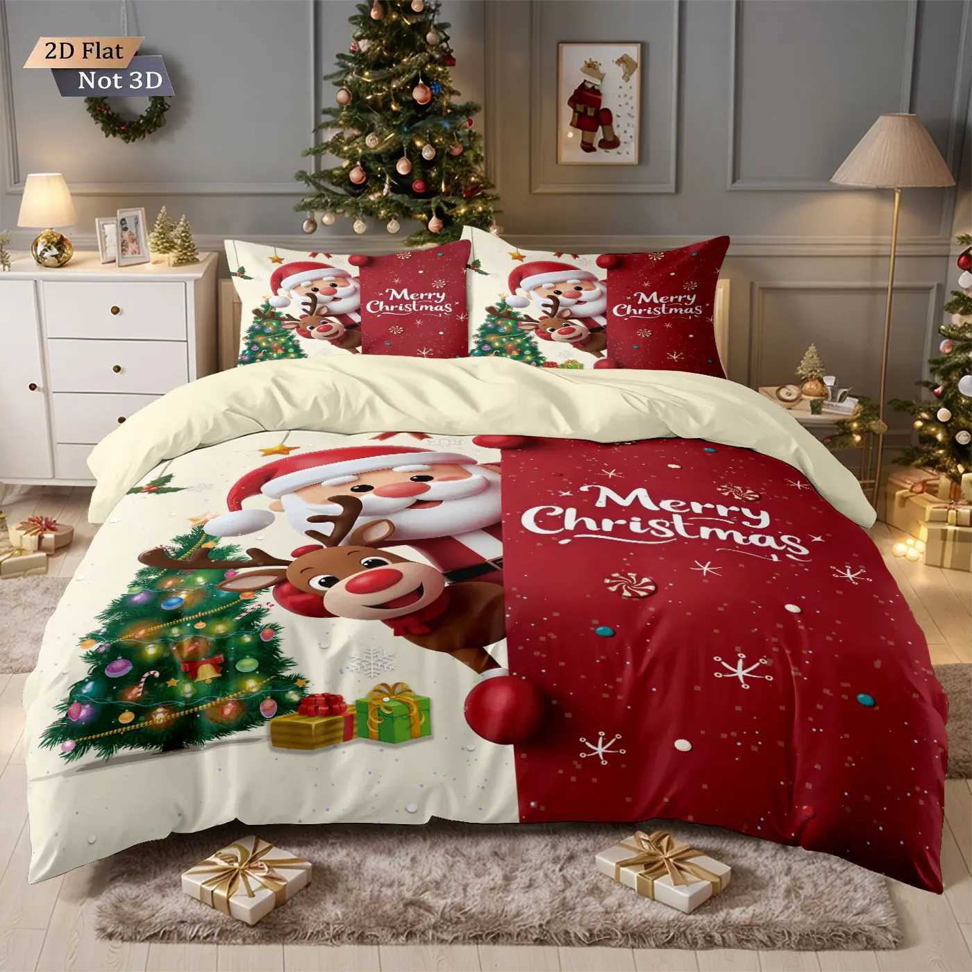 Christmas 3pc Merry Christmas Cartoon Santa Claus Printed Chipless Quilt Set Multi Size Bedrooms Dormitory Bedding Holiday Decoration Y251126