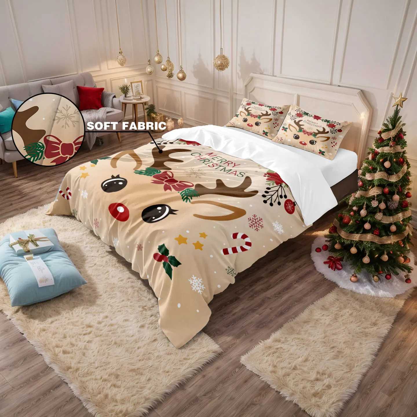 Christmas 3pcs Christmas Cute Reindeer Printed Chipless Bedding Set Multi Size Bedding Decoration for Bedrooms and Dormitories Machine W Y251126