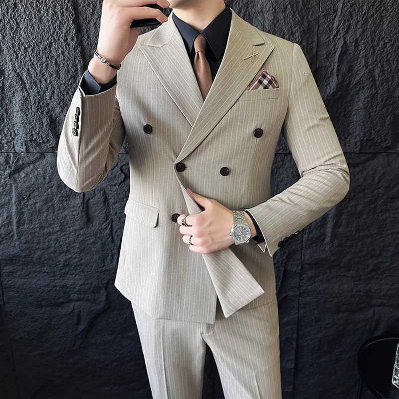 BlazerVestPants Groom Wedding Male Suit Luxury Brand Fashion Striped Mens Casual Business Office Double Breasted Suit K251105