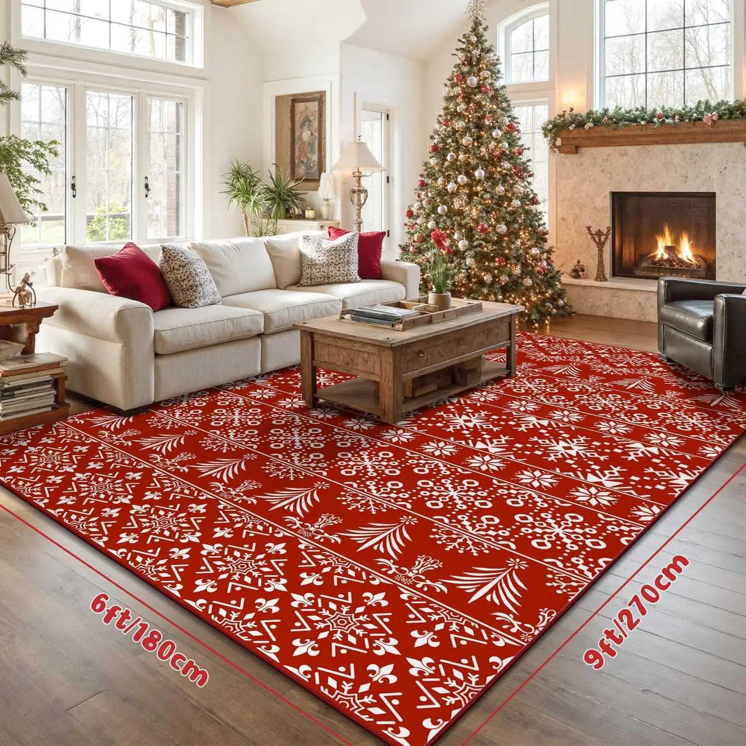 Non-Slip Soft Large Carpet with Red Snowflake Low Pile Faux Wool Xmas Throw Rug for Living Room Hallway Kitchen EntrywayM251126