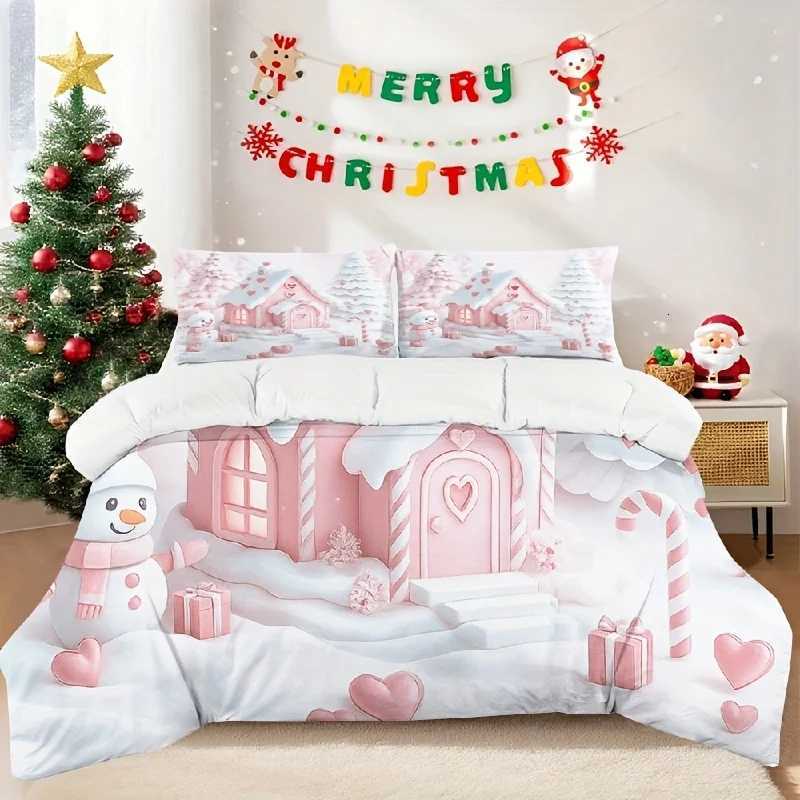 Christmas 3pcs Christmas print quilt set Pink snowman bedding romantic winter gingerbread house design soft bedroom decor heart pattern Y251126