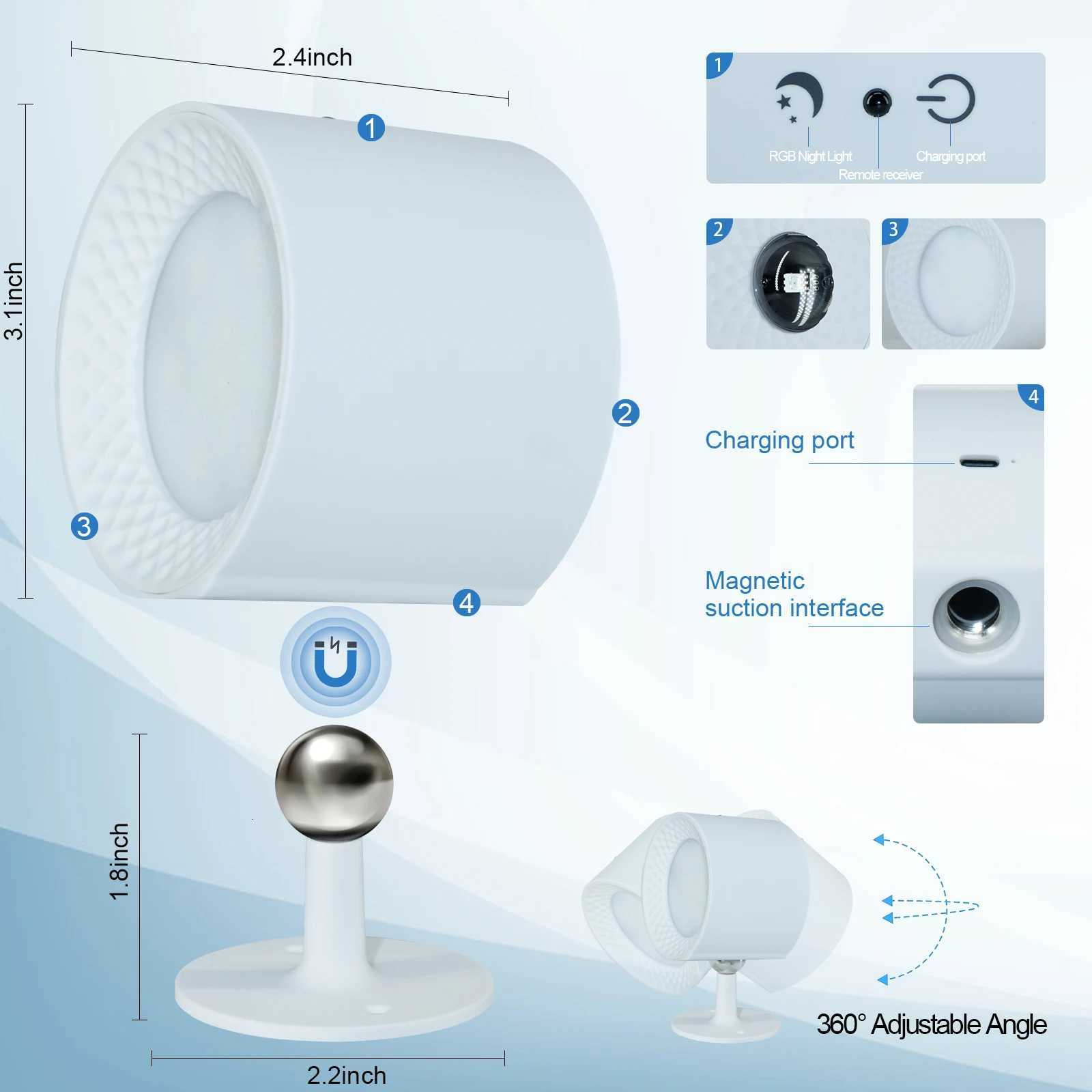 Led Wall Lamp Touch Control Remote 360 Rotatable USB Recharge Wireless Portable RGB Night Light For Bedside Bedroom Reading Lamp M251126