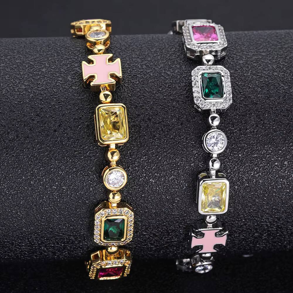 Hip Hop Jewelry Iced Out Multi Color Cubic Zirconia Cz Gemstone Tennis Bracelet Mixed Colored Enamel Motif Bracelet for Women