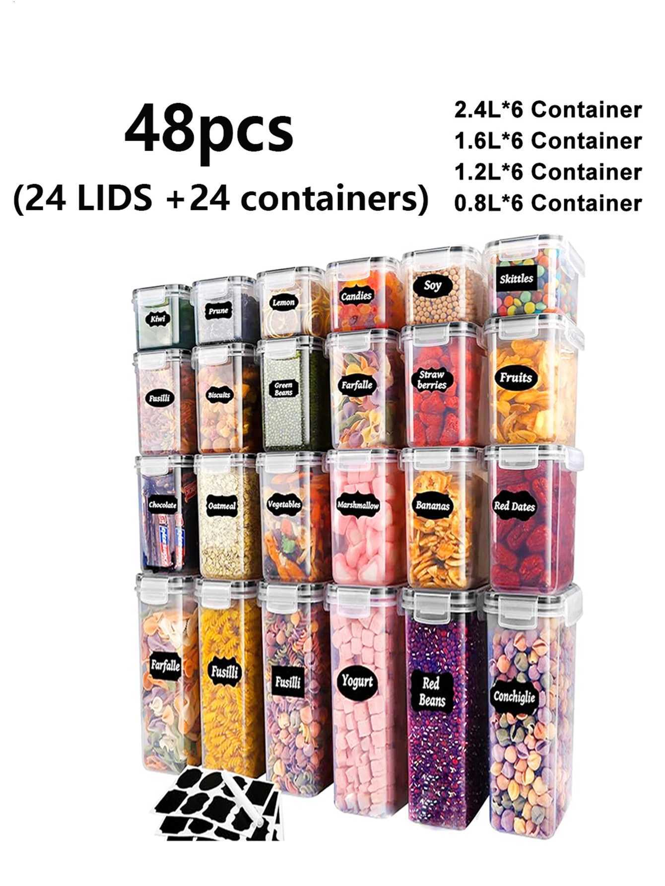 48pcsSealed food storage containers with LIDS plastic kitchen pantry dry cargo jars of lactose grain flour sugar labeled Y251126