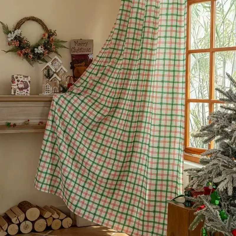 Christmas 1pc Christmas Green Red Plaid Curtain Festive Window Decor for Holiday Living Room Dining Room Y251126