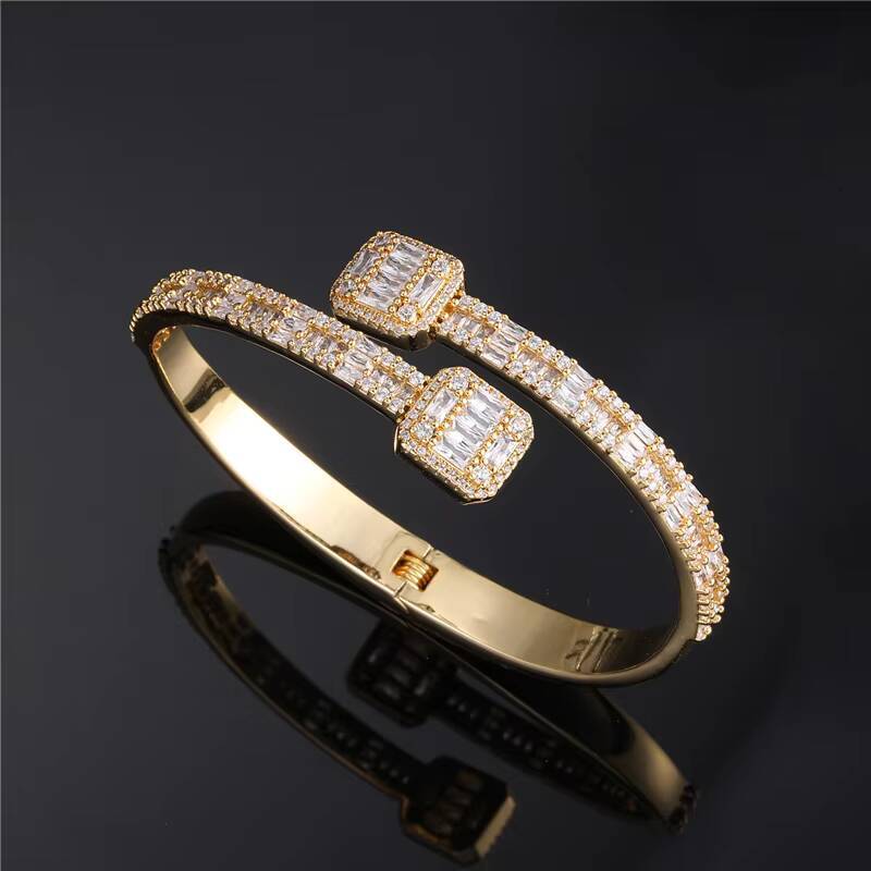 Icy Gold Plated Hip Hop Diamond Jewelry CZ Adjustable Open Bangle Iced Out Baguette 3A Diamond Bracelets Bangle for Women Men