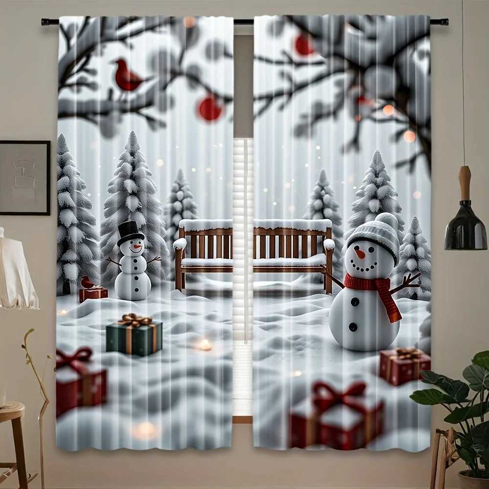 Curtain Christmas 2PC Snowman Cardinal Sheer Curtains Light-Filtering Polyester Snowy Forest Print Rod Pocket Top All-Season Holiday Decor Y251126