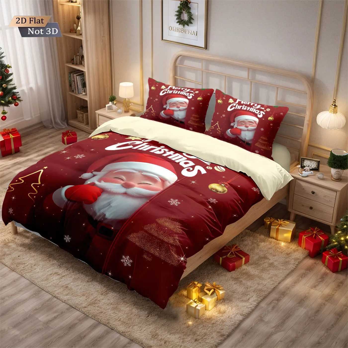 Christmas 3pcs cartoon Santa Claus red printed coreless duvet cover set multi size bedroom bedding holiday decoration machine washable Y251126
