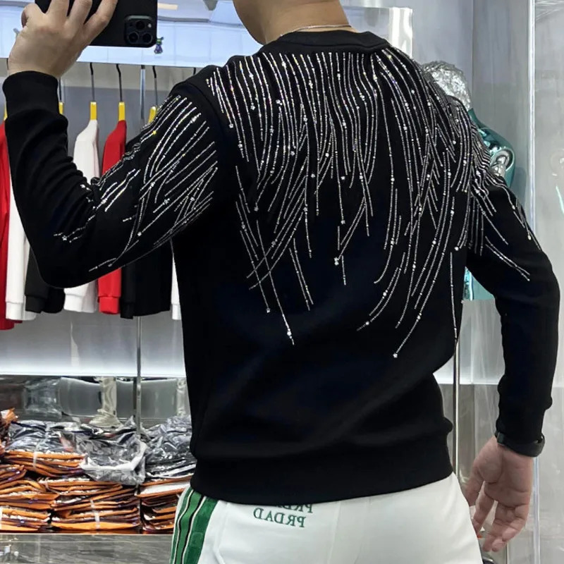 Shuidian casual O-neck T-shirt mens diamond tassel T-shirt mens short sleeved street clothing mens high-quality zipper sweater 250423