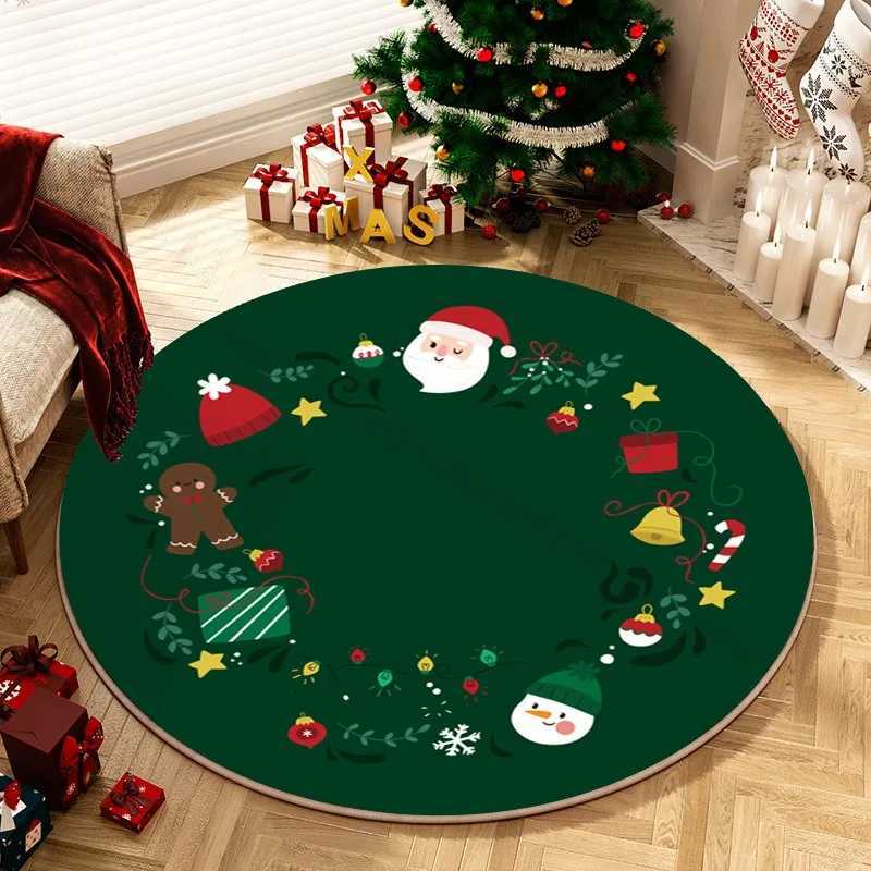 Christmas Round Carpet Holiday Party Decor Floor Mat Santa Gingerbread Bell Snowman Print Anti-slip Rug for Bedroom Living RoomM251126