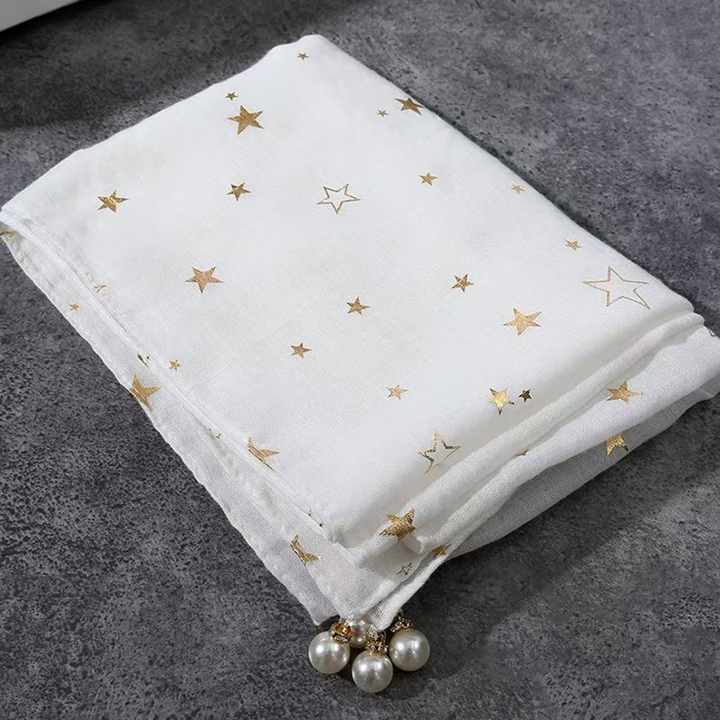 T566 cotton and linen gold and silver five-pointed star hand-sewn large nail pearl scarf shawl sunshade beach shawl