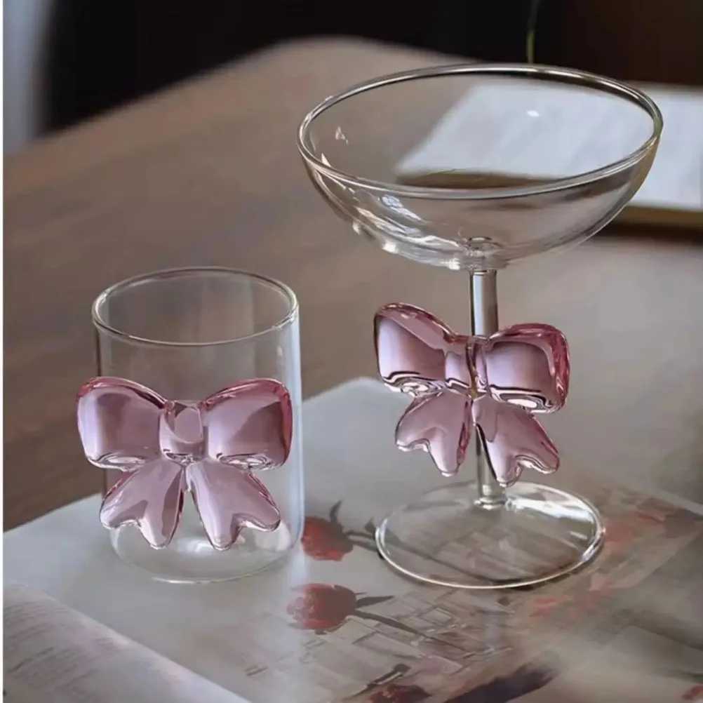 Pink Bow Glass Decor Glass Cup Goblet Bow Handle Glasses Heat-resistant High Borosilicate Dessert Ice Cream Bowl Festival Gifts C251126