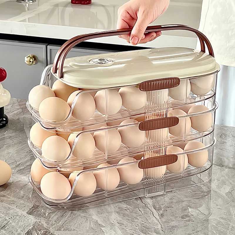 Large Egg Holder for Fridge Automatic Rolling Egg Organizer Clear Plastic Egg Container Stackable Egg Dispenser and Storage Bin Y251126