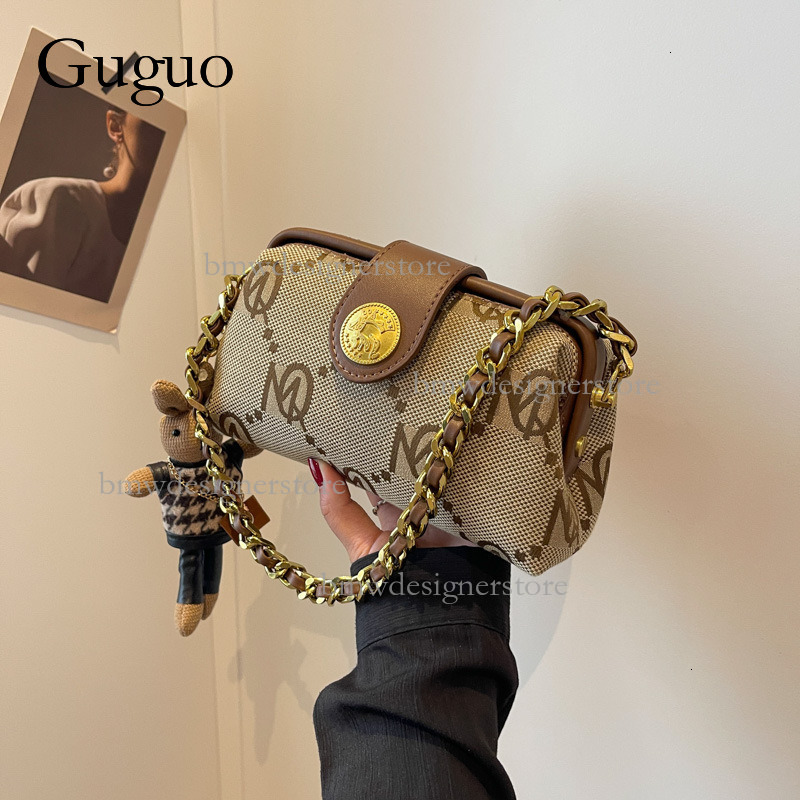 Guguo Designer Luxury Women's Vintage Floral Handbag Retro Fashion Metal Buckle Chain Shoulder Crossbody Bag Lightweight And Trendy Printed Strip