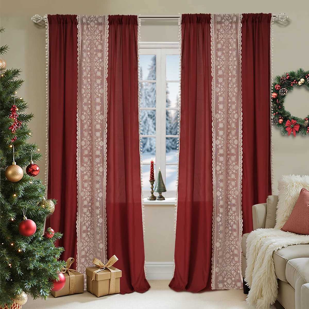 Curtain Christmas 1PC Christmas Red Polyester Pongee Semi-Transparent Snowflake Double-Sided Pom-Pom Rod Pocket Curtains Suitable for Christmas Y25112