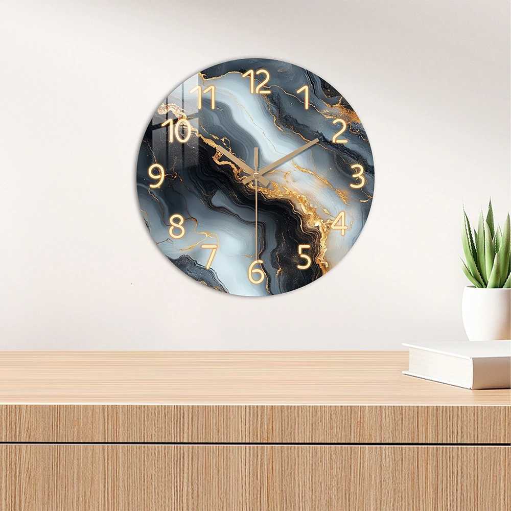 1 piece wooden wall clock fantasy theme - blue and gold marble - like texture pattern tempered film veneer silent clock suitab C251126