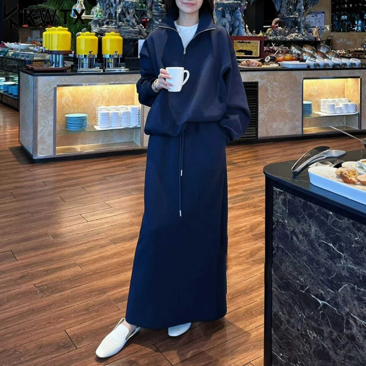 KWTX 2025 New Jacket Skirt Set Solid Color Zip-Up Stand Collar Elegant Retro Minimalist Cozy Casual Autumn Winter Women Outfit J251136